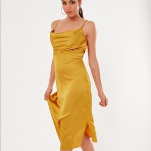 mustard satin cowl cami slip midi dress
